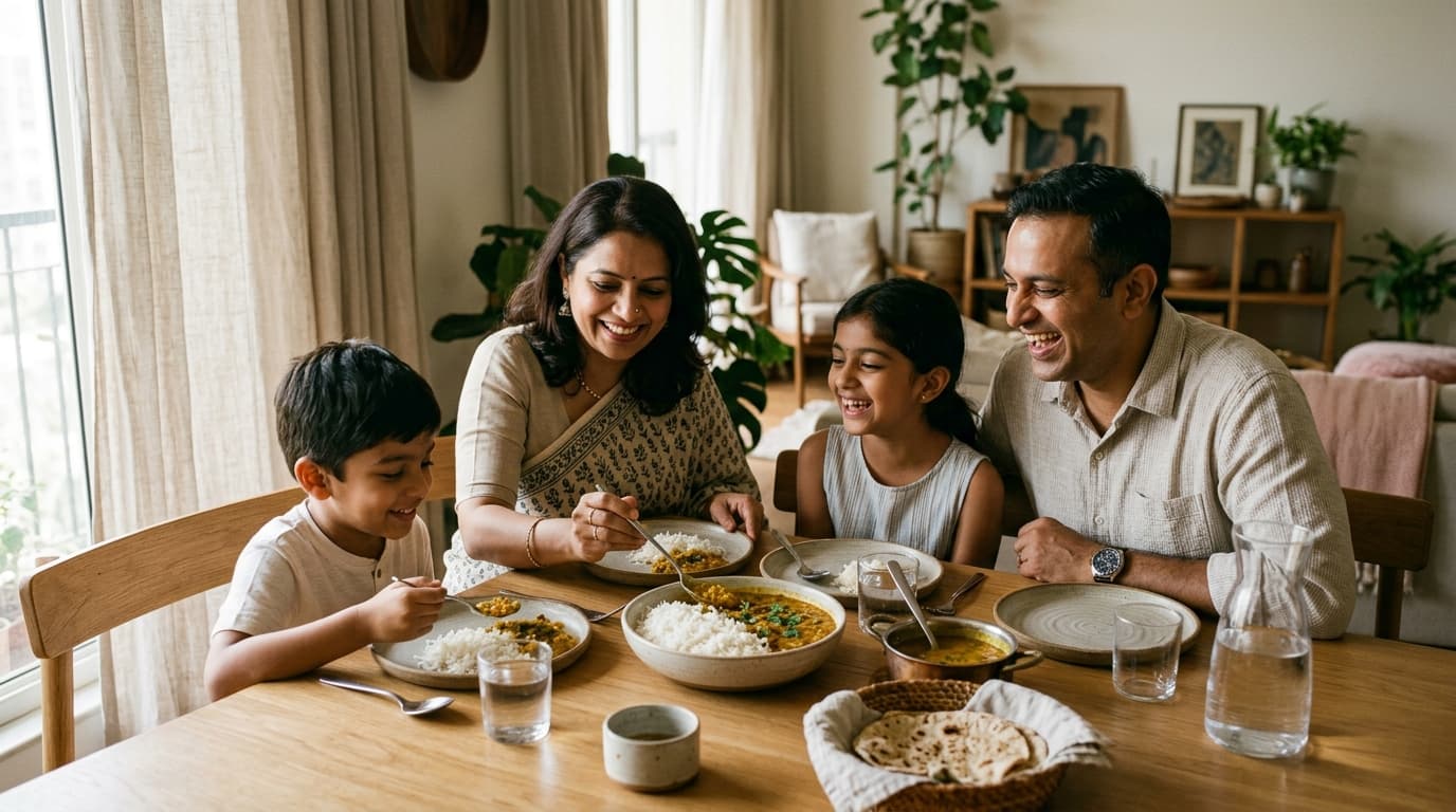 Family sharing a warm meal with freshly cooked rice